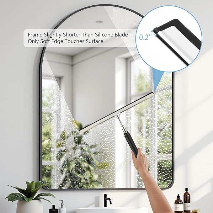 Squeegee for Shower Glass with Long Handle – Extends 13" to 48", Includes 2 Towel Sleeves, Replacement Silicone Blade & Hook, 14" Wide Blade for Glass, Mirrors, Windows & Tile Walls (Black)