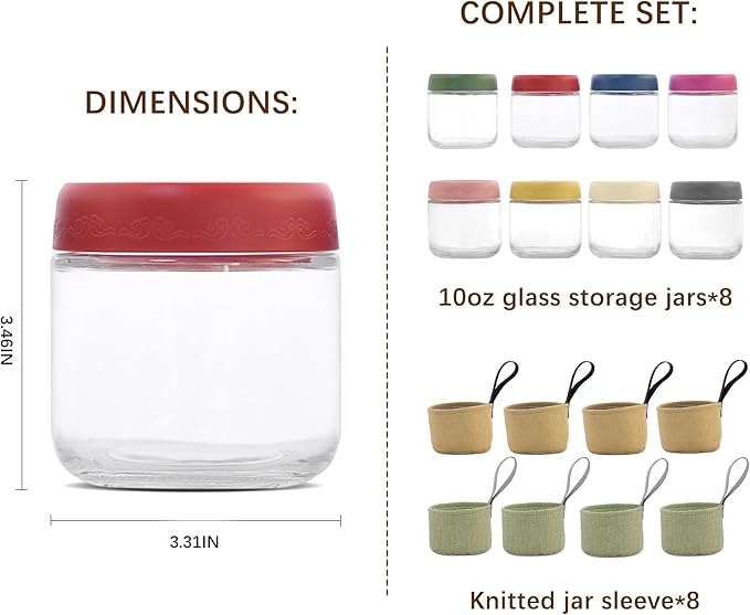 10 OZ 8 Pack Overnight Oats Jars with Airtight Lids and Jar Sleeve, Glass Containers for Meal Prep, Leak-Proof Food Storage Jars for Yogurt