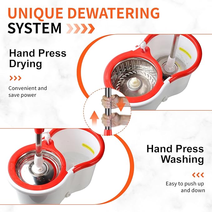 Spin Mop and Bucket with Wringer Set, 360° Spinning Mop Bucket System with 6 Microfiber Mop Floor Scrub Brush and 61" Stainless Steel Adjustable Handle for Floor Cleaning