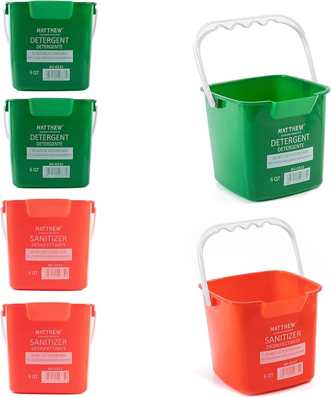 Matthew Detergent and Sanitizing Cleaning Bucket 6 Quart Plastic Pail,Set of 6 Square Containers,Built-in Spout w/Handle,Wash Rinse Sanitize Handwash Bucket for Home Office Commercial (Red&Green)
