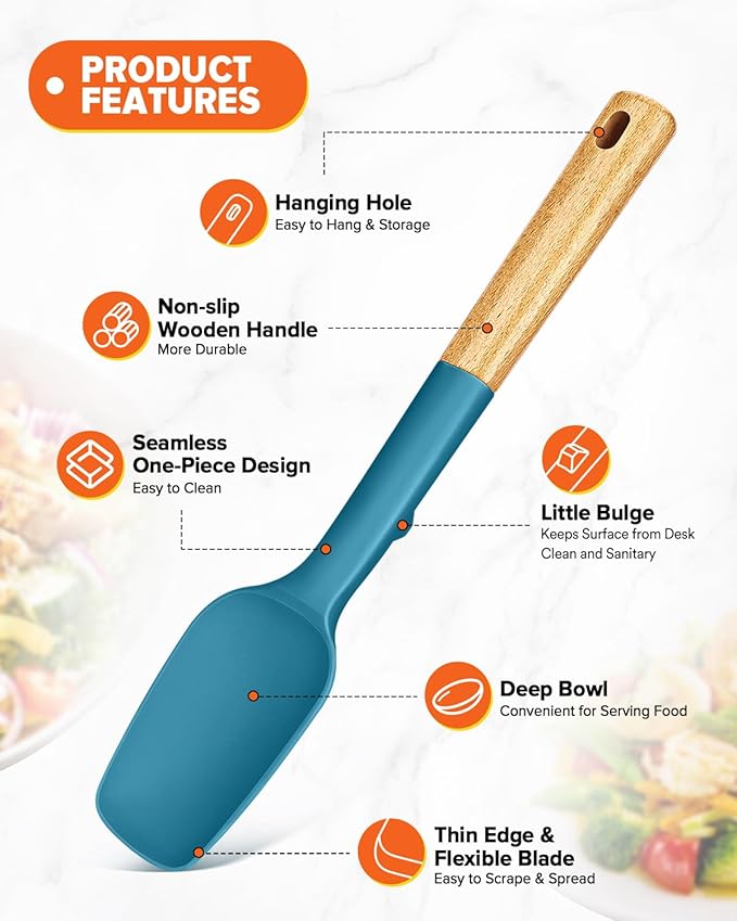 Silicone Spoon Spatula, Great For Scraping Bowls And Scooping Batter, Sturdy Bpa-Free Matte Silicone, Wooden Handle Rubber Spatula For Nonstick Cookwares (TURQ)