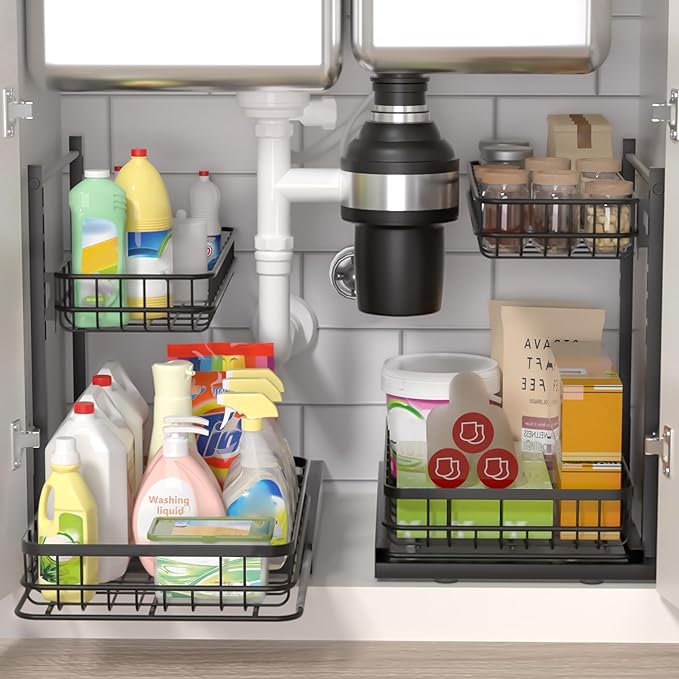 Under Sink Organizer, Adjustable Height Pull-Out Kitchen Storage Organization,15.8" x 11.8" x 16.5", 2-Tier Kitchen Shelf, Bathroom Drawer Organizer, 2 Pack|Black