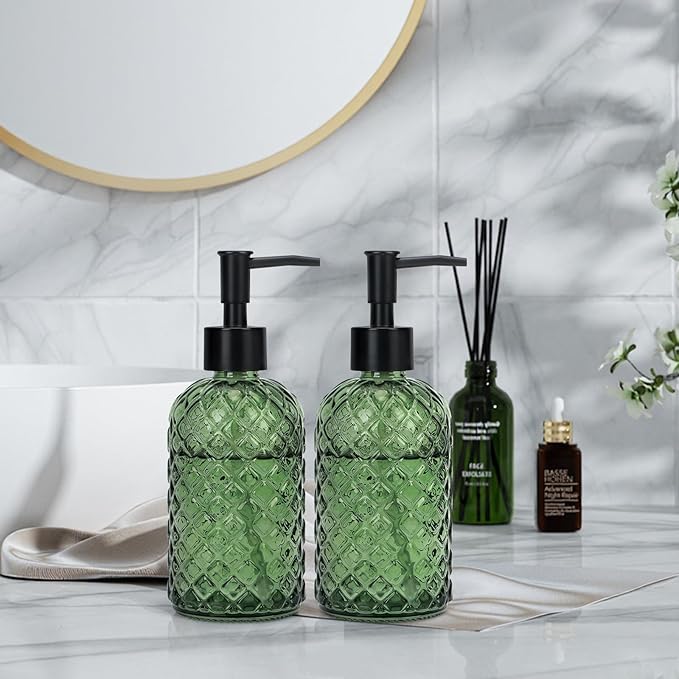 13.5Oz Gem Design Soap Dispenser with Plastic Pump, Refillable Glass Soap Dispenser for Hand Soap, Dish Soap, Lotion (Army Green)