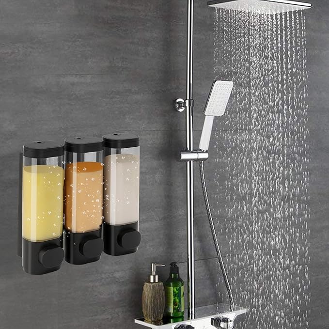 Shower Soap Dispenser Wall Mounted Shampoo and Conditioner Dispenser No Drill 3 Chamber Large Capacity for Bathroom Hotel, Black