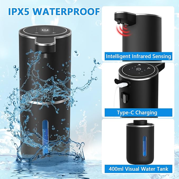 Automatic Soap Dispenser Touchless, USB Rechargeable Automatic Foaming Soap Dispenser, 12.8oz/380mL, 4 Level Adjustable, 1500mAh Smart Wall Mounted for Bathroom Kitchen Dish/Hand Soap