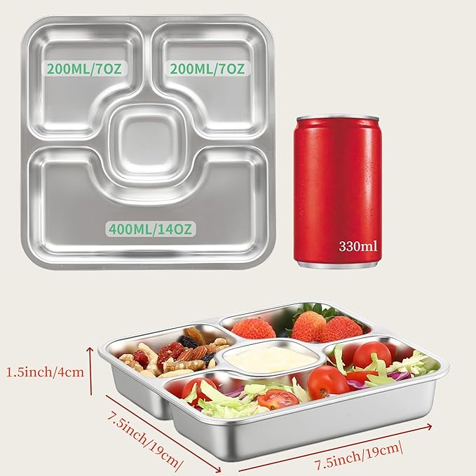 BEFOY Stainless Steel Snack Containers with Lids 4 Pack Lunchable Meal Prep Containers Reusable Meal Prep Lunch Containers for Adult Divided Stackable Bento Lunch Box for Home Travel (3, Gray, Large)