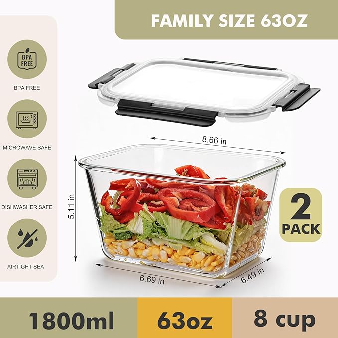 Liuruiyu 2 Pack Large Glass Food Storage Containers with Lids, 63oz Big Meal Prep Containers