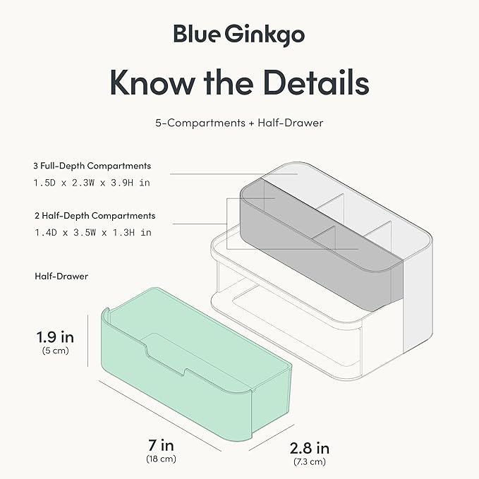 BLUE GINKGO Compact Desk Organizer, Small 5-Compartment, Made in Korea, White
