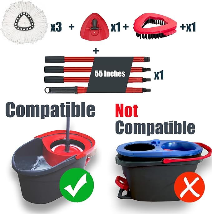 Mop Head Replacement for Ocedar: Spin Mop Heads Refill Compatible with O Cedar - 9 Pcs Kit Attachment Included 3 Microfiber Replace Heads, 55" Extended Mop Handle, 1 Mop Base and 1 Floor Scrub Brush