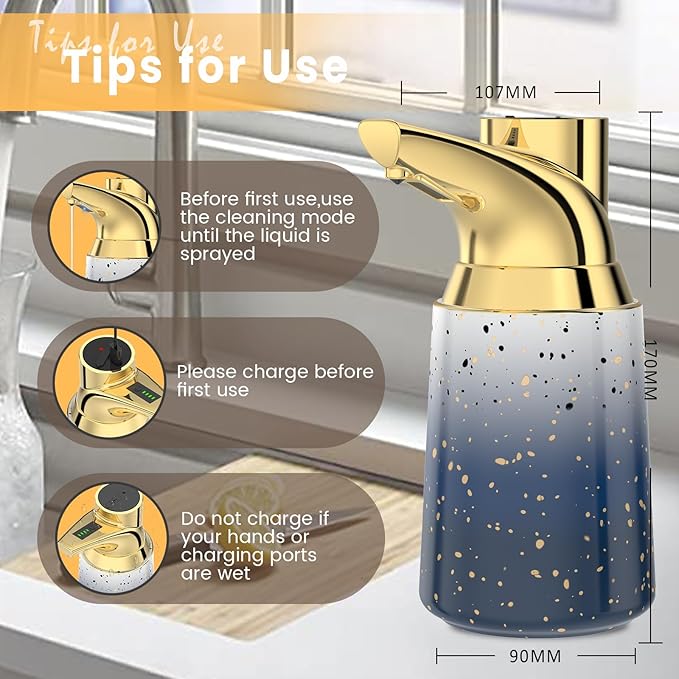 Automatic Liquid Soap Dispenser Touchless:350ML Ceramic Material -4 Level Adjustable Hand & Dish Electric Dispenser,Waterproof Type-c Rechargeable Auto Soap Pump for Bathroom,Kitchen