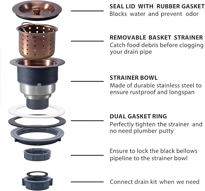 KONE 3/1-2 Inch Sink Drain Assembly Antique Copper Kitchen Sink Drain Kit Copper Stainless Steel Sink Basket Strainer Rubber Stopper