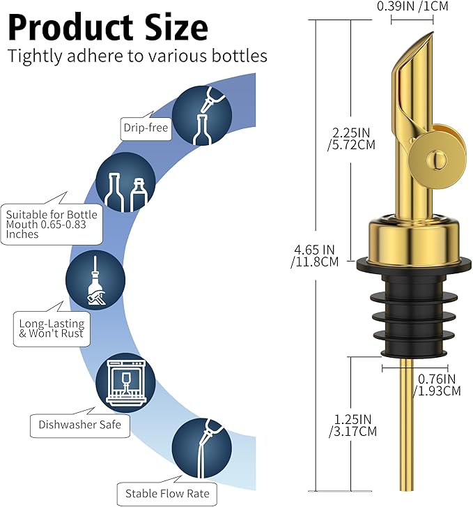 Auto Flip Liquor Pour Spouts 4-Pack, Leak-Proof 304 Stainless Steel Wine Pourer & Olive Oil Dispenser with Food-Grade Silicone for Kitchen, Bar, Restaurant (Gold)