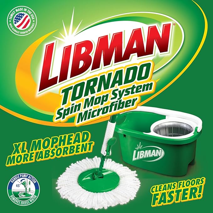 Libman Tornado Spin Mop System with 2 Refill Heads, Microfiber Spinning Mop and Bucket with Wringer Set for Home, Floor Cleaning of Hard-Wood, Laminate, Tile, All Surface Cleaner, 3 Total Mop Heads