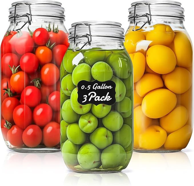 ComSaf 71oz Glass Canisters with Airtight Clamp Lids (Set of 3), 2.1L Large Fermentation & Pantry Jars for Bulk Food Storage, Ideal for Flour, Sugar