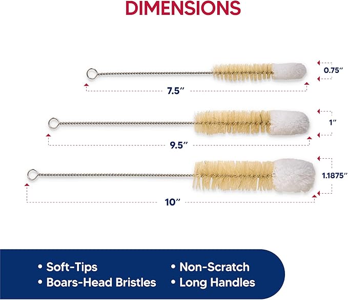 HIC Kitchen Soft-Tip Cleaning Brushes, Non-Scratch Microfiber with Boar Head Bristles, Set of 3 Sizes