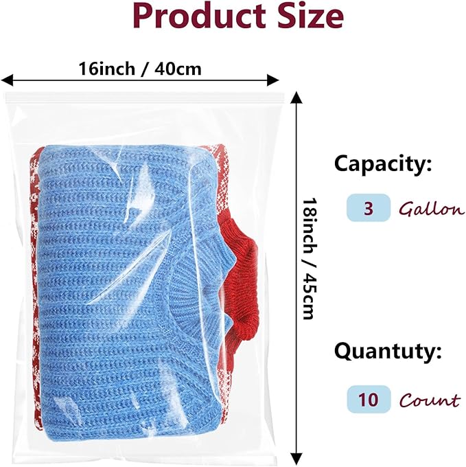 Large Plastic Bags With Zipper Top, 3 Gallon, 16" x 18", 10 Pack