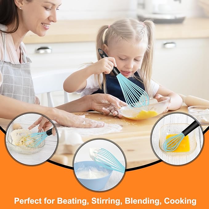 HOTEC 4 Pieces Silicone Whisks Set, Wire Balloon Whisks Egg Beater, Non-slip Handle Whisk for Non-stick Cookware Perfect for Cooking, Stirring, Beating and Blending (Blue)