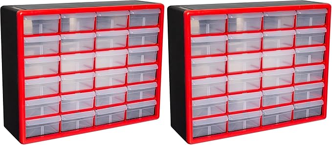 Akro-Mils 24-Drawer Plastic Drawer Storage Cabinet for Garage Organization, Bead Organizer, Building Bricks Storage, Teacher Toolbox, Makeup Organizer, 20-Inch W x 6-Inch D x 16-Inch H, 10124 Red