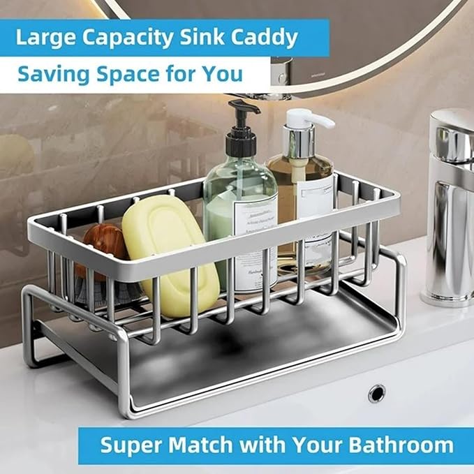 Kitchen Sink Sponge Holder, Rustproof 304 Stainless Steel Sink Caddy with Brush Holder,Kitchen Sink Organizer for Sponge,Dish Brush,Soap Dispenser,