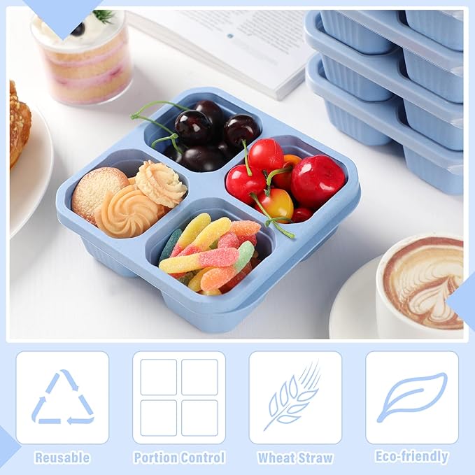 Ziliny 12 Pcs 4 Divided Compartments Snack Containers Bento Wheat Straw Snack Box with Lid Reusable Meal Prep Lunch Box Food Storage Containers for Adults Christmas Travel Work Gifts(Blue)
