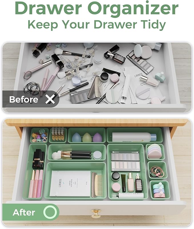 25 PCS Plastic Drawer Organizers Set, 4-Sizes Vanity and Makeup Organizer, Green