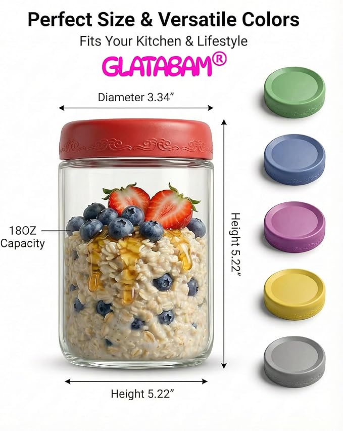 18 OZ 8Pack, Overnight Oats Jars with Lids, Glass Meal Prep Containers, Airtight Mason Jars for Breakfast, Yogurt Parfait, Salad & Smoothies