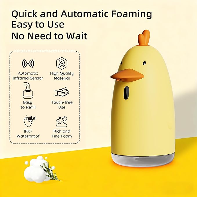 Kids Automatic Touchless Foaming Soap Dispenser, Cute Chick IPX7 Waterproof 350ML Hand Soap Dispenser for Kids Bathroom Home