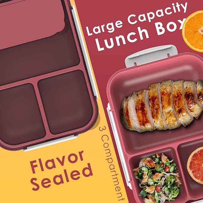 WHALEHOUSE Large Capacity Bento Box for Adult, 1700ML 3 Compartments Lunch Box with Utensil, Airtight Food Container with Lids for Meal Prep