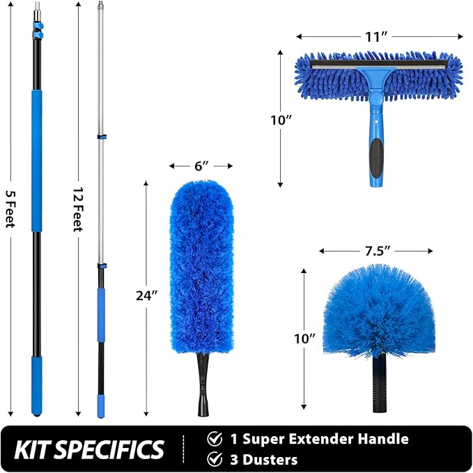 20 Feet High Reach Duster Kit with 5-12 Ft Extension Pole, Cobweb Duster with Telescoping Pole, Window Squeegee with Scrubber, Spider Web Brush