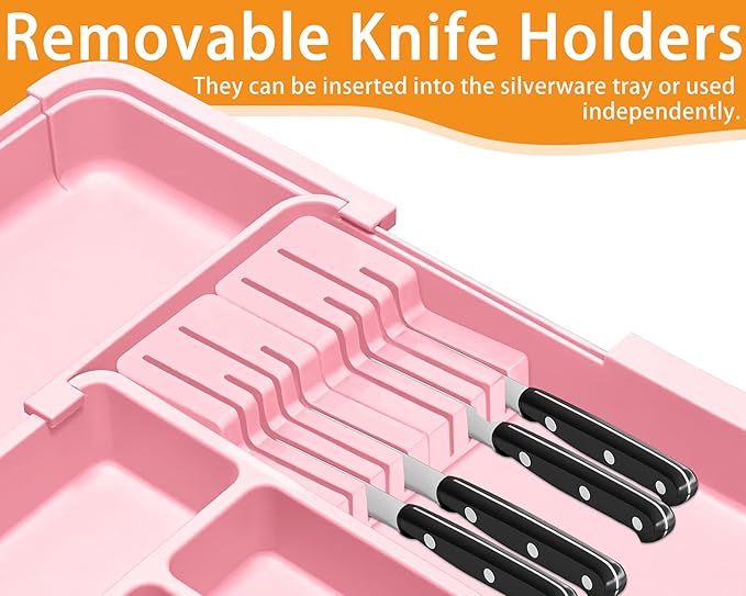 Homecor Silverware Organizer - Expandable Large Kitchen Drawer Organizer Utensil Organizer with 2 Knife Block Inserts, 22"x 19"Cutlery Tray with Drawer Dividers for Kitchen Flatware (Pink)