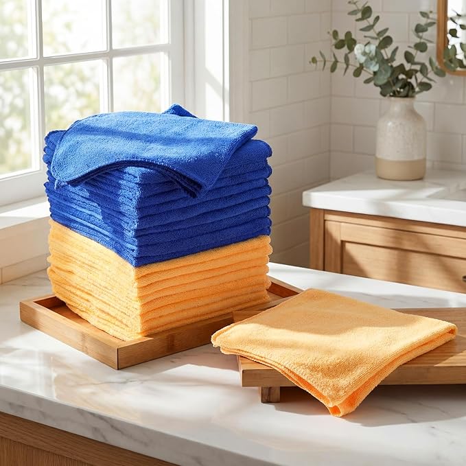Nuenen 60 Pcs Microfiber Cleaning Cloths for Cars 16 x 16 Inch Ultra Absorbent Car Towels Drying Reusable Cleaning Supplies House Kitchen Window Microfiber Towel (Yellow,Blue)