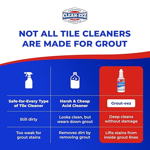 Clean-eez Grout-eez Tile Cleaner with Stand-Up Brush Head – 32 oz Heavy-Duty Stain Remover for Ceramic and Porcelain Floors – Safe for Colored Grout – Not for Natural Stone – Pole Not Included