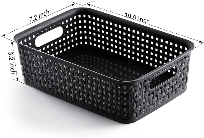 [ 12 Pack ] Plastic Storage Baskets, Small Pantry Organization and Storage Bins, Household Organizers for Laundry Room, Bathrooms, Kitchens, Cabinets, Countertop, Under Sink or Shelves, Black