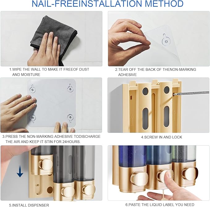 Shower Soap Dispenser Wall Mounted Shampoo and Conditioner Dispenser No Drill 3 Chamber Large Capacity for Bathroom Hotel, Gold