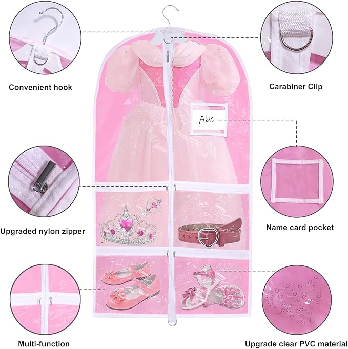 WJWSKI Pink Kids Dance Garment Bag for Hanging Clothes,37 Inch Waterproof PVC Travel Garment Bag with 3 Pockets for Dance Costumes,Sports,Skating,Theatre,Beauty Pageants & More