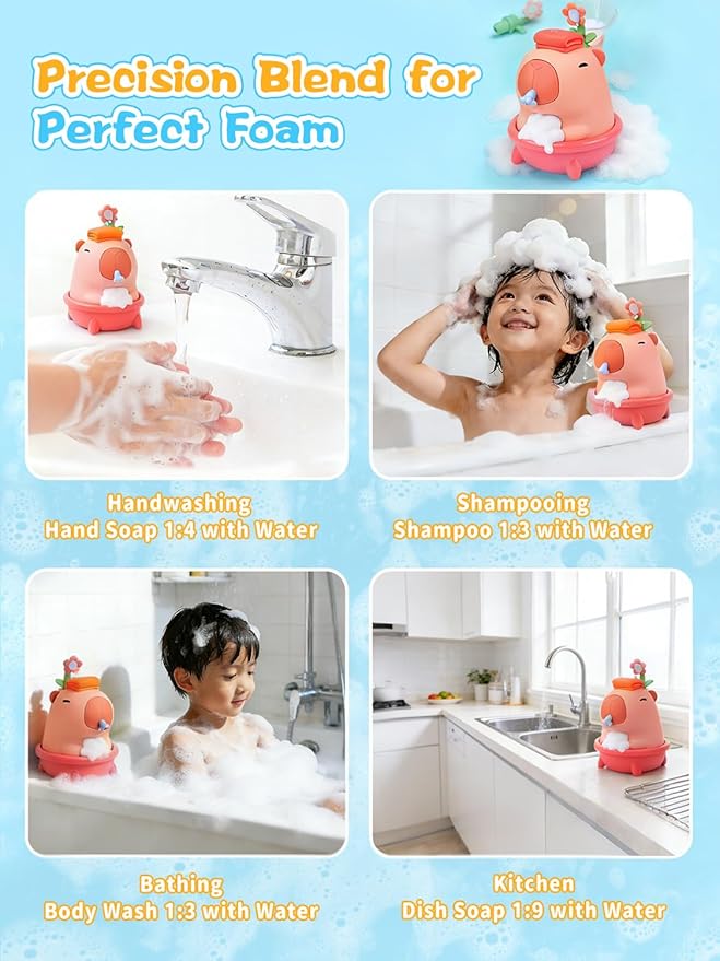 QANYI Automatic Bubble Foam Machine for Kids - Capybara Silicone Touchless Soap Dispenser, IPX7 Waterproof & Rechargeable, Fun Bath Toy to Encourage Child Hygiene from Hand Washing to Bath Time(Pink)