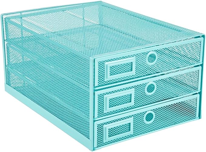 Annova Desk Organizer Wire Mesh 3 Tier Sliding Drawers Paper, Turquoise