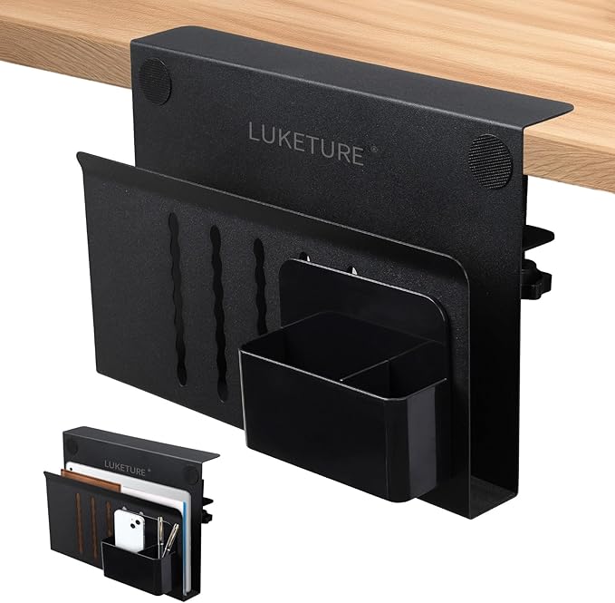 LUKETURE Desk Side Storage, Steel Side Desk Organizer, No Drill Laptop Holder, Clamp on Laptop Mount with Pen Holder, Table Hanging Storage for Home Office, Fits Flat Edge Tables 0.3" to 2.8"