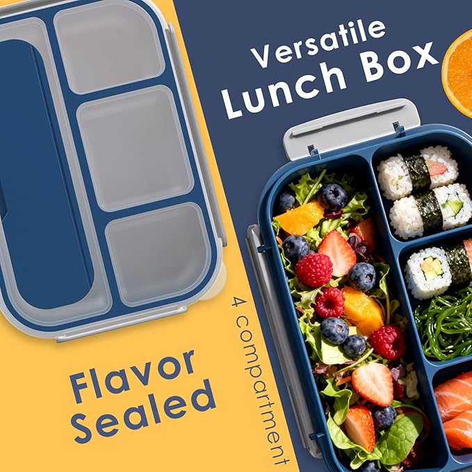 WHALEHOUSE Bento Lunch Box, 1300ML 4 Compartments Meal Prep Container with Utensil, Airtight Food Storage Container with Snap Locking Lids, Microwave/Dishwasher/Freezer Safe, On the Go