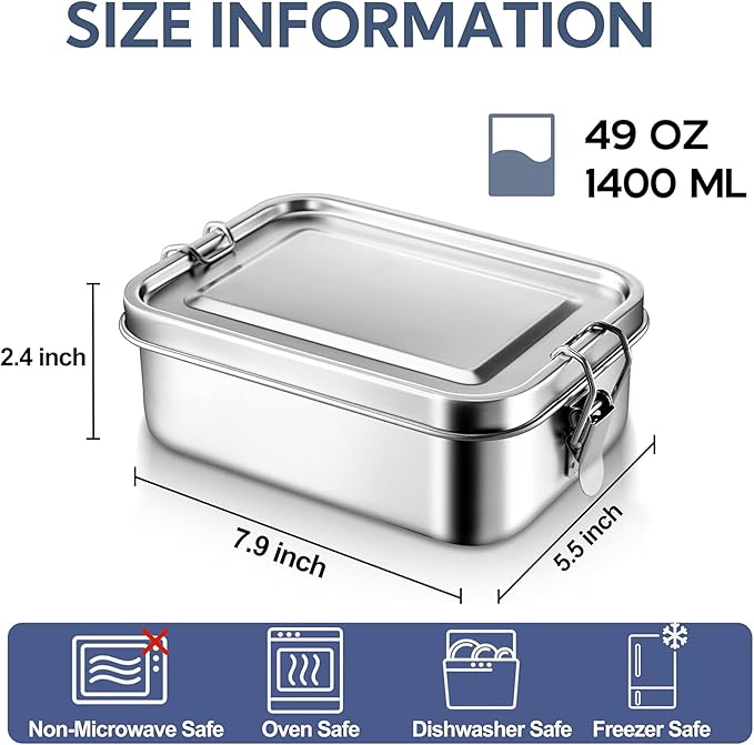 E-far Stainless Steel Bento Box, Large 1400ml Metal Bento Lunch Box Container, 49oz Leak-Proof Lunch Container with Lids and 2 Removable Dividers
