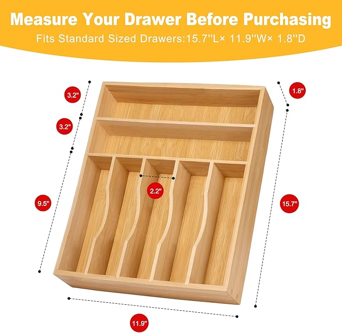Kitchen Bamboo Silverware Organizer, Kitchen Drawer Organizer, Natural