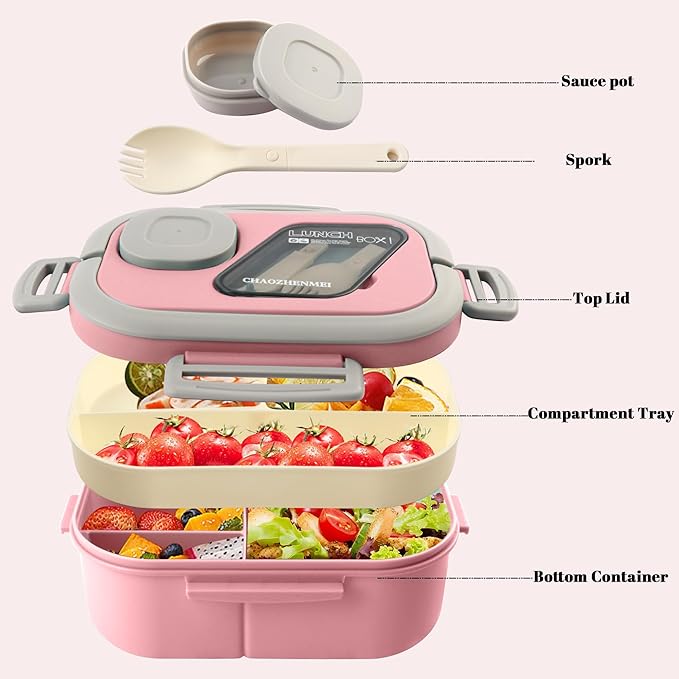 Adults Bento Lunch Box,Salad Container Large 43oz Salad Bowl, Bento-Style Tray for Toppings, 3oz Sauce Container for Dressings