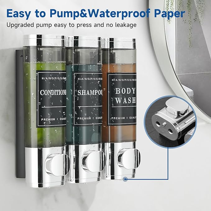 Shampoo and Conditioner Dispenser,Unisense Shower Soap Dispenser 3 Chamber No Drill Wall-Mounted Shampoo Dispenser for Shower Wall Mounted Shower Dispenser for Bathroom Hotel Large Capacity,Chrome