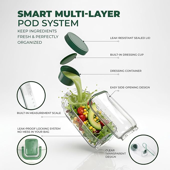 Premium Salad Pod with Dressing Container, Leakproof Lunch Container, Meal Prep Jar with Side Opening, Keeps Food Fresh & Organized for Work, Travel & On-the-Go Meals
