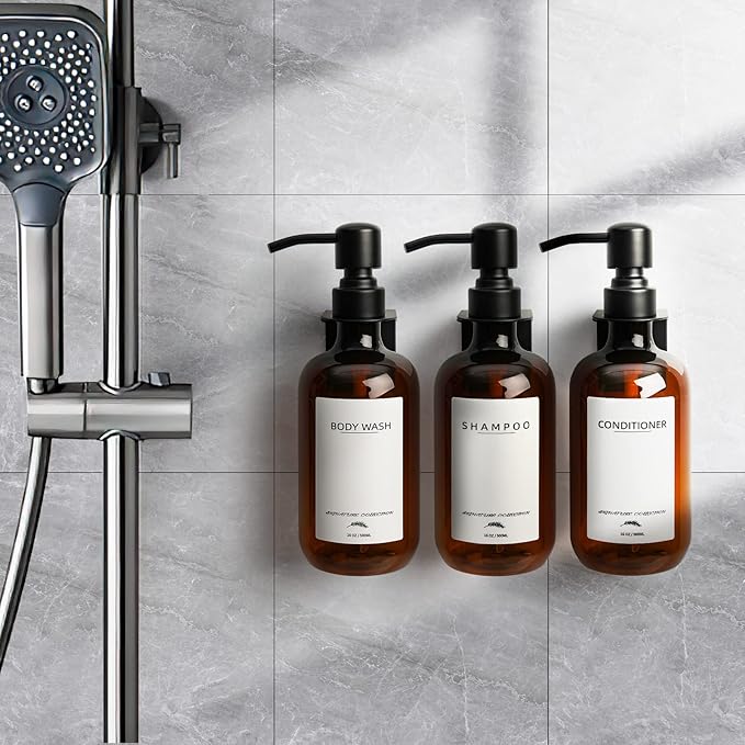Supforce Shampoo Dispenser for Shower Wall Mount, No Drill Shampoo and Conditioner Dispenser with Matte Pump and Waterproof Labels, Shower Soap Dispenser Wall Mounted for Home Bathroom - Amber