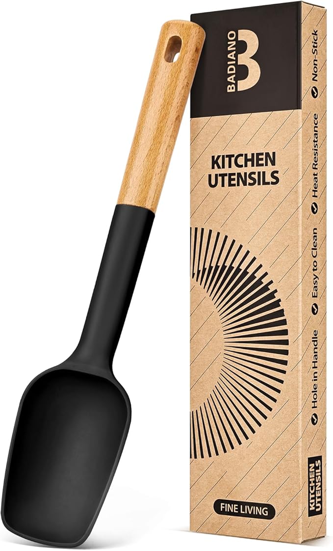 Silicone Spoon Spatula, Great For Scraping Bowls And Scooping Batter, Sturdy Bpa-Free Matte Silicone, Wooden Handle Rubber Spatula For Nonstick Cookwares (BLACK)