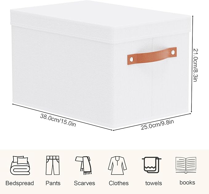 Fabric Storage Bins with Lids, 15 x 9.8 x 8.3 Inch Storage Boxes for Shelves Wardrobe Bedroom, Closet Organizers with Handles, White, 3-Pack