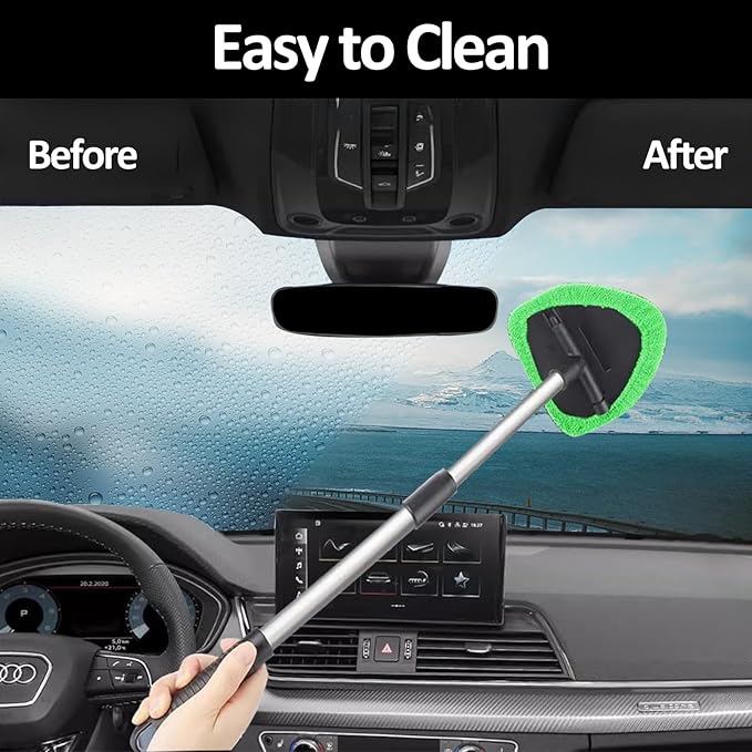 Car Windshield Cleaning Tools, Expandable Car Window Cleaner kit with 4 Reusable Microfiber Pads, Bottles, Windshield Cleaning Wand Tool