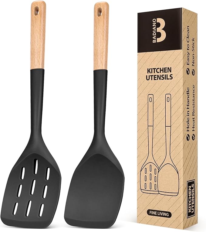 Pack of 2 Silicone Spatula, Non Stick Cooking Utensil Set Wooden Handle Kitchen Turner for Baking Mixing Grilling Serving Food Heat Resistant Non Scratch Hooks Included (Black)