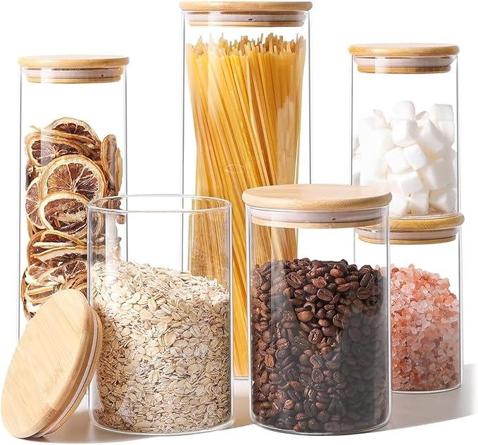 ComSaf Glass Food Storage Jars Set of 6, Clear Glass Storage Containers with Lids, Canisters Sets for the kitchen, Spaghetti, Pasta, Flour, Nuts, Oat